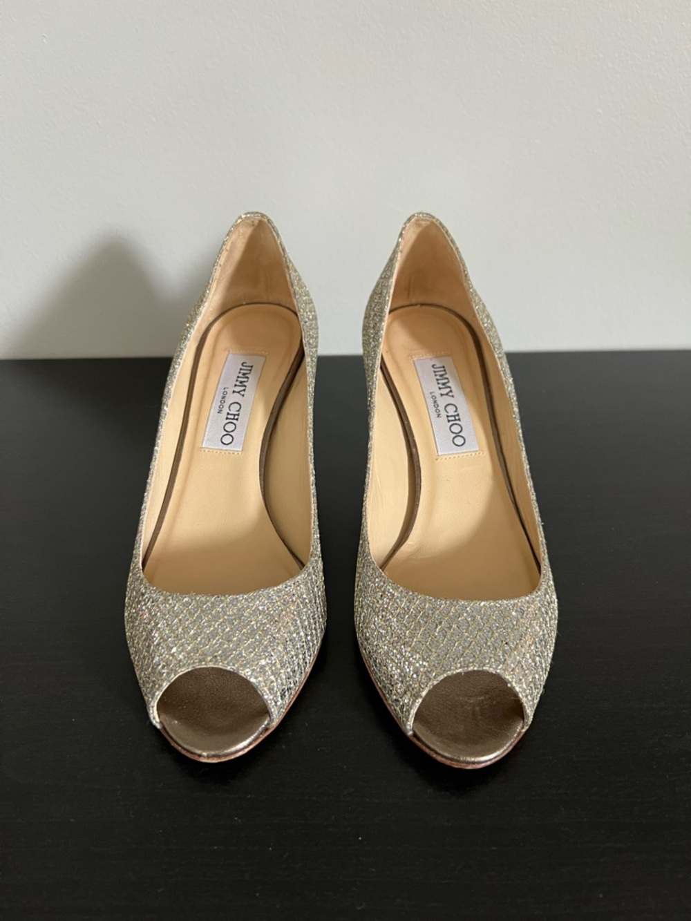 Jimmy Choo Isabel Champagne Glitter Open-Toe 2.5” Pumps Size 5 / 35 - Picture 4 of 16